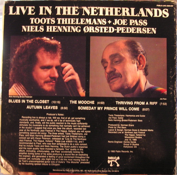 Toots Thielemans + Joe Pass + Niels-Henning Ørsted Pedersen : Live In The Netherlands (LP, Album)