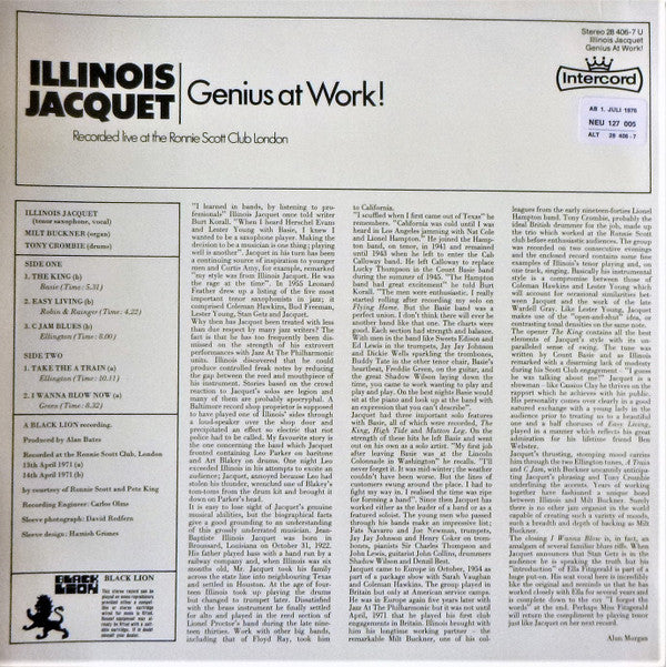 Illinois Jacquet : Genius At Work! (Recorded Live At The Ronnie Scott Club London) (LP, Album, No )