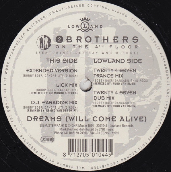 2 Brothers On The 4th Floor Featuring Des'Ray And D-Rock : Dreams (Will Come Alive) (12")