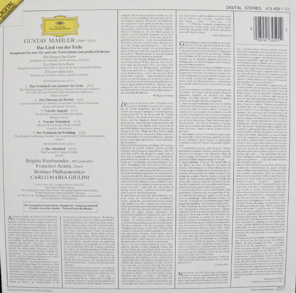 Gustav Mahler - Brigitte Fassbaender, Francisco Araiza, Berliner Philharmoniker, Carlo Maria Giulini : Das Lied Von Der Erde (LP)