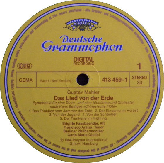 Gustav Mahler - Brigitte Fassbaender, Francisco Araiza, Berliner Philharmoniker, Carlo Maria Giulini : Das Lied Von Der Erde (LP)