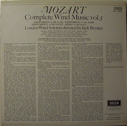 Wolfgang Amadeus Mozart / London Wind Soloists, Jack Brymer : Complete Wind Music Vol. 5 (LP)