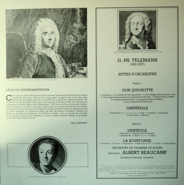 Georg Philipp Telemann — Orchestre De Chambre De Rouen, Albert Beaucamp : Don Quichotte - L'Imperiale - L'Espiegle - La Bouffonne (Suites D'Orchestre) (LP, Album, RE)