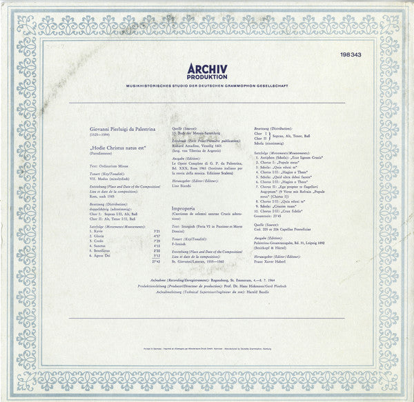 Giovanni Pierluigi Da Palestrina - Regensburger Domchor, Hans Schrems : Missa »Hodie Christus Natus Est« Improperia (LP)