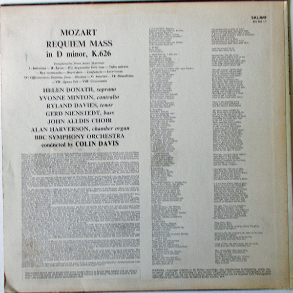 Wolfgang Amadeus Mozart • Helen Donath • Yvonne Minton • Ryland Davies • Gerd Nienstedt • John Alldis Choir • BBC Symphony Orchestra • Sir Colin Davis : Requiem (LP)