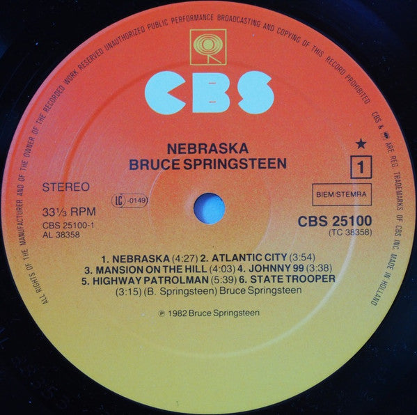 Bruce Springsteen : Nebraska (LP, Album, Gat)