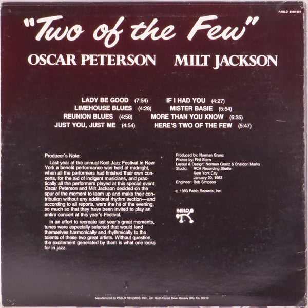 Oscar Peterson / Milt Jackson : Two Of The Few (LP, Album)