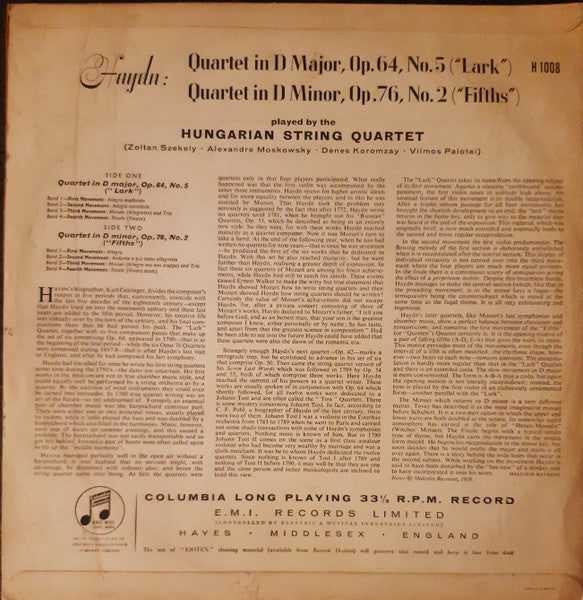 Joseph Haydn, The Hungarian Quartet : Quartet In D Major, Op.64 No.5 "Lark" / Quartet In D Minor Op.76 No.2 "Fifths" (LP, Album)