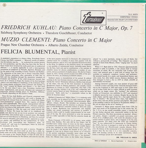 Daniel Friedrich Rudolph Kuhlau / Muzio Clementi, Felicja Blumental, Alberto Zedda / Theodor Guschlbauer : Piano Concerto In C Major, Op. 7 / Piano Concerto In C Major (LP)