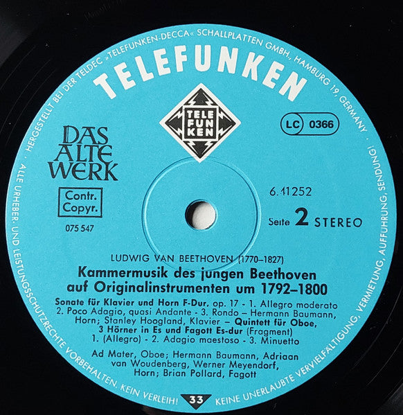 Ludwig Van Beethoven : Kammermusik Des Jungen Beethoven Auf Originalinstrumenten (LP, Gat)