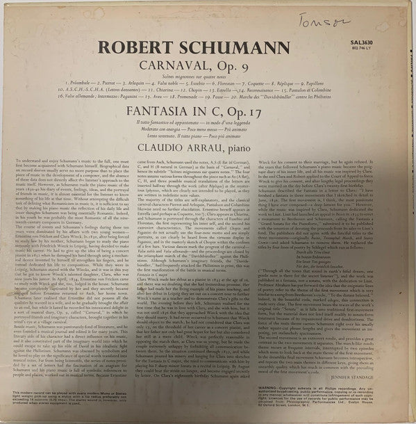 Robert Schumann, Claudio Arrau : Carnaval, Op. 9 / Fantasie In C-dur, Op. 17 (LP)