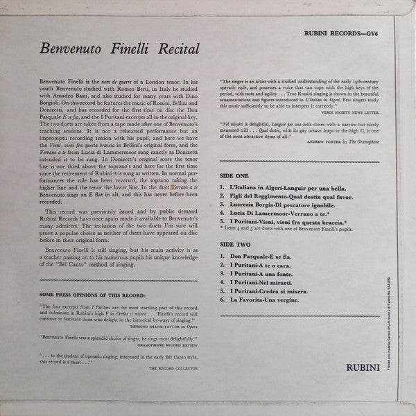 Benvenuto Finelli : Recital  (LP, Album)