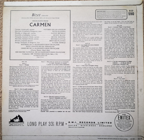 Georges Bizet, Victoria De Los Angeles, Nicolai Gedda, Janine Micheau, Ernest Blanc, Sir Thomas Beecham : Carmen Highlights (LP, Album, RE)