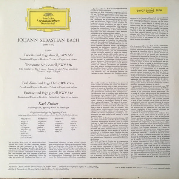 Johann Sebastian Bach, Karl Richter : Toccata Und Fuge D-moll, BWV 565 • Triosonate Nr. 2 C-moll, BWV 526 • Präludium Und Fuge D-dur, BWV 532 • Fantasie Und Fuge G-moll, BWV 542 (LP)