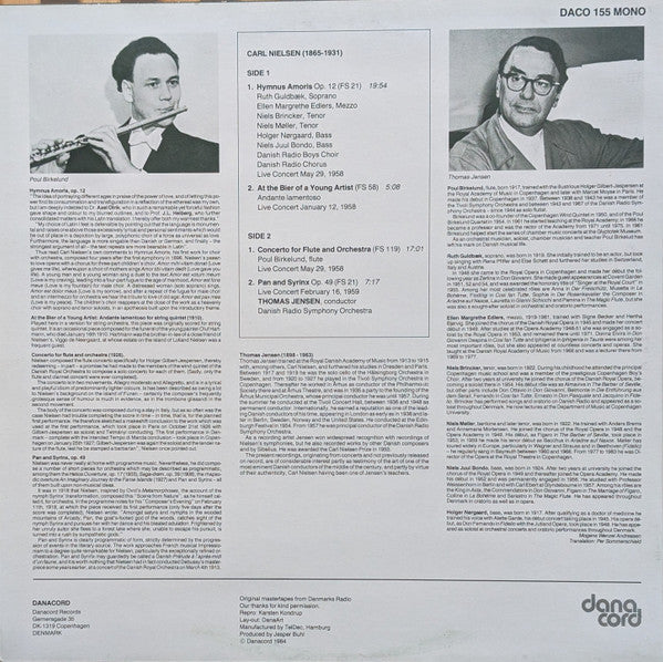 Thomas Jensen Conducts Carl Nielsen With Poul Birkelund, Danmarks Radios Symfoniorkester : Hymnus Amoris / Flute Concerto  (LP)