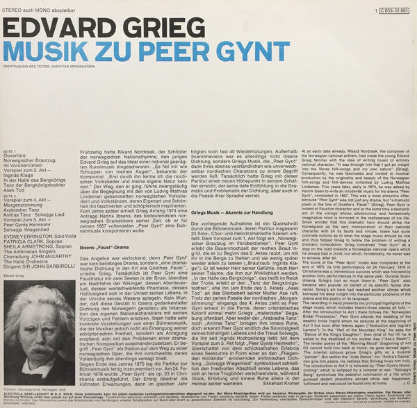 Edvard Grieg, Sir John Barbirolli, Hallé Orchestra, The Ambrosian Singers, Sheila Armstrong : Peer Gynt (LP)