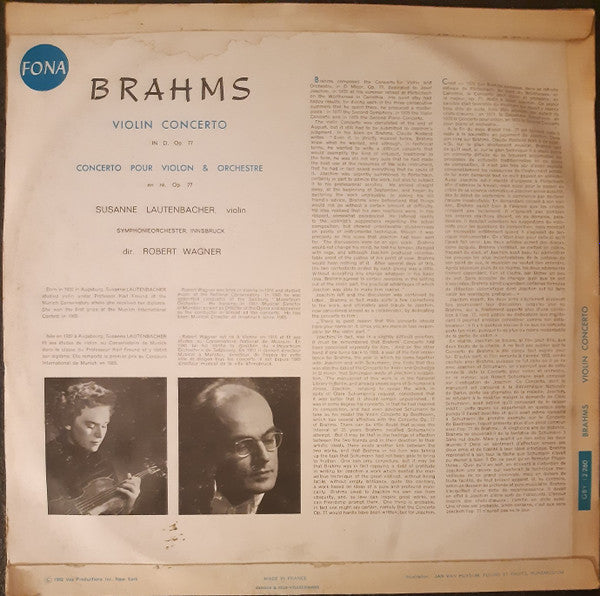 Johannes Brahms, Susanne Lautenbacher, Symphonieorchester Innsbruck, Robert Wagner (4) : Violin Concerto In D, Op.77 (LP, Album)