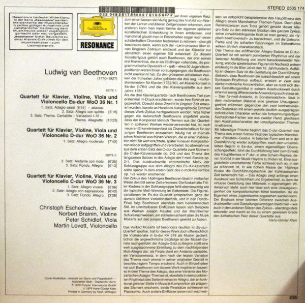 Ludwig van Beethoven – Christoph Eschenbach, Amadeus-Quartett : Die Klavierquartette (LP, RE, RP)