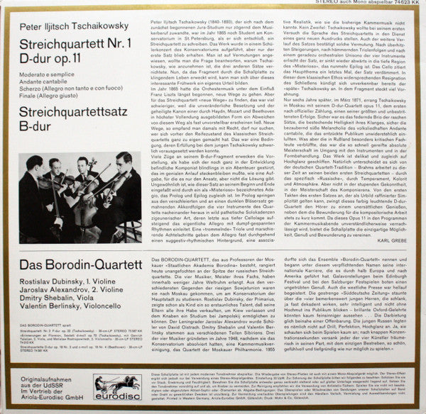 Borodin String Quartet : Tschaikowsy / Streichquartett Nr. 1 D-dur Op. 11 / Streichquartettsatz B-Dur / Borodin Quartett (LP, Album, RE)