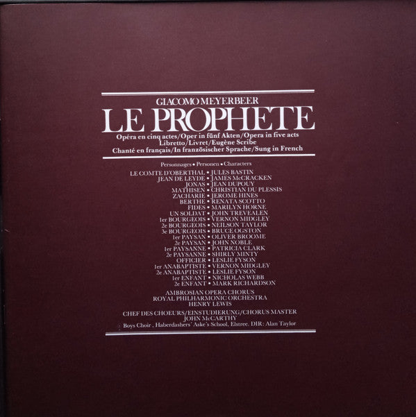 Giacomo Meyerbeer - Marilyn Horne, Renata Scotto, James McCracken, Jerome Hines, The Ambrosian Opera Chorus, Royal Philharmonic Orchestra, Henry Lewis : Le Prophete (4xLP, Album + Box)