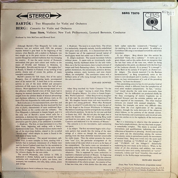 Béla Bartók / Alban Berg - Isaac Stern, Leonard Bernstein, New York Philharmonic : Two Rhapsodies For Violin And Orchestra / Violin Concerto (LP)