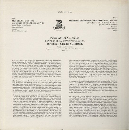 Max Bruch, Alexander Glazunov, Pierre Amoyal, Royal Philharmonic Orchestra, Claudio Scimone : Concerto Pour Violon En Sol Mineur Op. 26 - Concerto Pour Violon En La Mineur Op. 82 (LP, Gat)