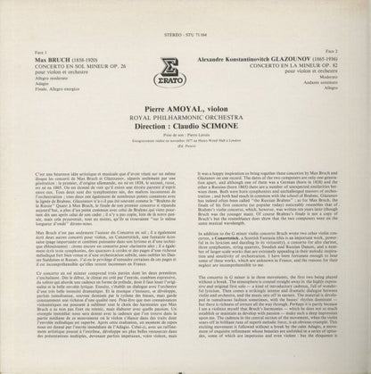 Max Bruch, Alexander Glazunov, Pierre Amoyal, Royal Philharmonic Orchestra, Claudio Scimone : Concerto Pour Violon En Sol Mineur Op. 26 - Concerto Pour Violon En La Mineur Op. 82 (LP, Gat)