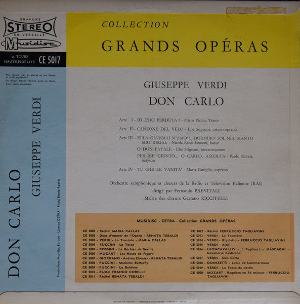 Giuseppe Verdi, Orchestre Symphonique de la Radio Television Italienne, Fernando Previtali, Mirto Picchi, Ebe Stignani, Nicola Rossi-Lemeni, Paolo Silveri, Maria Caniglia : Don Carlo (LP, Album)