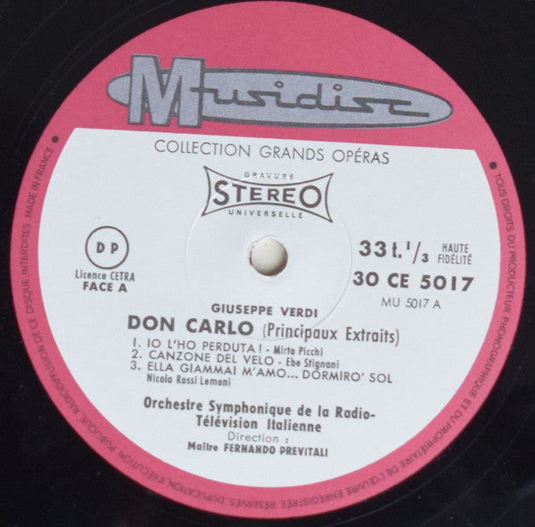 Giuseppe Verdi, Orchestre Symphonique de la Radio Television Italienne, Fernando Previtali, Mirto Picchi, Ebe Stignani, Nicola Rossi-Lemeni, Paolo Silveri, Maria Caniglia : Don Carlo (LP, Album)