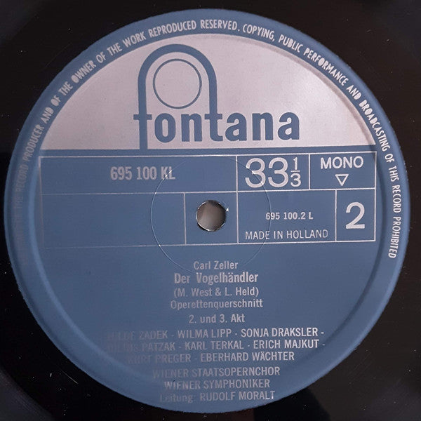 Carl Zeller, Hilde Zadek, Wilma Lipp, Julius Patzak, Erich Majkut, Eberhard Wächter, Wiener Staatsopernchor, Wiener Symphoniker, Rudolf Moralt : Der Vogelhändler (Hoogtepunten) (LP, Album)