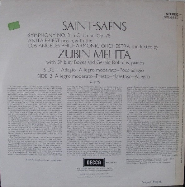 Camille Saint-Saëns, Zubin Mehta, Los Angeles Philharmonic Orchestra : Symphony No. 3 (LP)