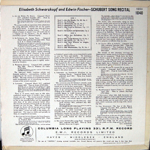 Franz Schubert - Elisabeth Schwarzkopf, Edwin Fischer : Schubert Song Recital (LP, Mono, RE)