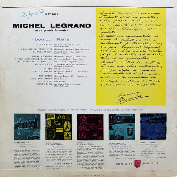 Michel Legrand Et Sa Grande Formation : Bonjour Paris (LP, Album, Mono)