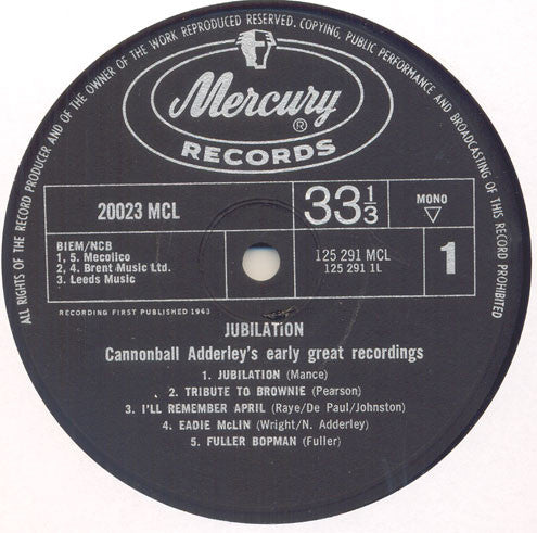 Cannonball Adderley : Jubilation: Cannonball Adderley's Early Great Recordings (LP, Comp, Mono)