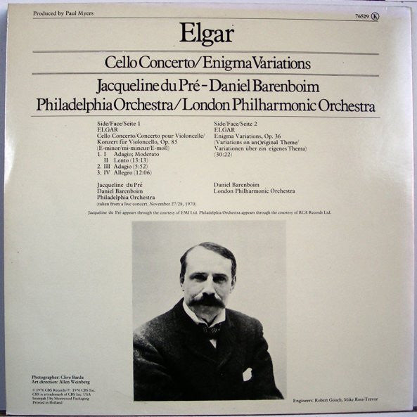 Sir Edward Elgar, Jacqueline du Pré, Daniel Barenboim, The Philadelphia Orchestra, London Philharmonic Orchestra : Cello Concerto, Op. 85 / Enigma Variations (LP)