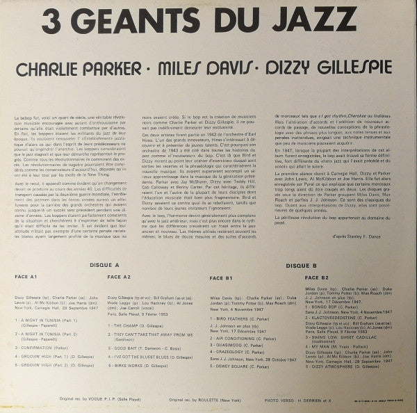 Charlie Parker - Miles Davis - Dizzy Gillespie : 3 Géants Du Jazz (2xLP, Comp)