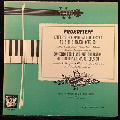 Sergei Prokofiev, Alfred Brendel, Orchester Der Wiener Staatsoper, Jonathan Sternberg, Sviatoslav Richter, Moscow Philharmonic Orchestra, Kiril Kondrashin, Hans Graf : Prokofieff Concerto For Piano No. 5 In G Major Opus 55 / Concerto For Piano No. 1 In D Flat Major Opus 10 / Sonata For Pianoforte No. 5 In C Minor Opus 38 (LP, Album, Mono)