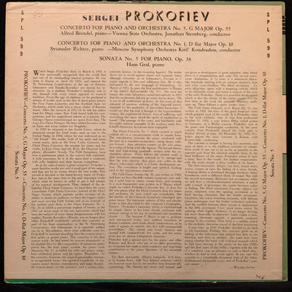 Sergei Prokofiev, Alfred Brendel, Orchester Der Wiener Staatsoper, Jonathan Sternberg, Sviatoslav Richter, Moscow Philharmonic Orchestra, Kiril Kondrashin, Hans Graf : Prokofieff Concerto For Piano No. 5 In G Major Opus 55 / Concerto For Piano No. 1 In D Flat Major Opus 10 / Sonata For Pianoforte No. 5 In C Minor Opus 38 (LP, Album, Mono)