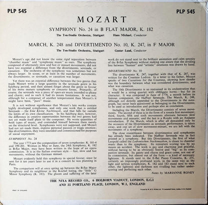 Wolfgang Amadeus Mozart - Stuttgart Tonstudio Orchestra, Hans Michael, Gustav Lund (2) : Symphony No. 24 In B Flat Major, K 182 / March In F Major, K 248 / Divertimento No. 10 In F Major, K 247 (LP, Mono)