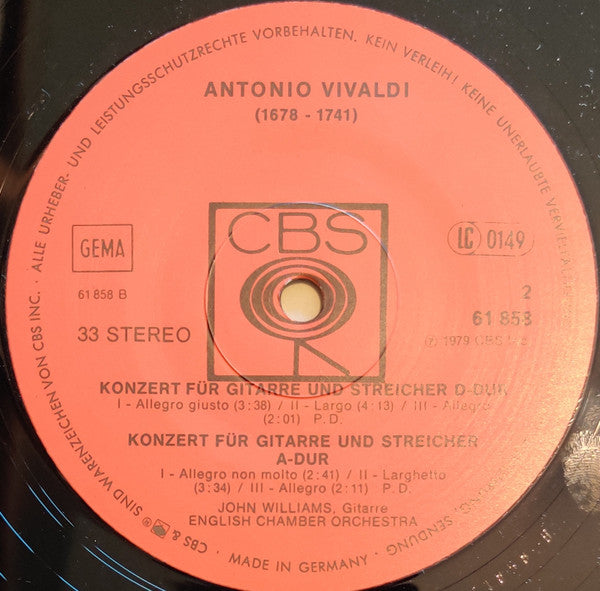 Mauro Giuliani (2), Antonio Vivaldi, John Williams (7) / English Chamber Orchestra : Guitar Concerto In A Major / Guitar Concertos In D Major And A Major (LP)