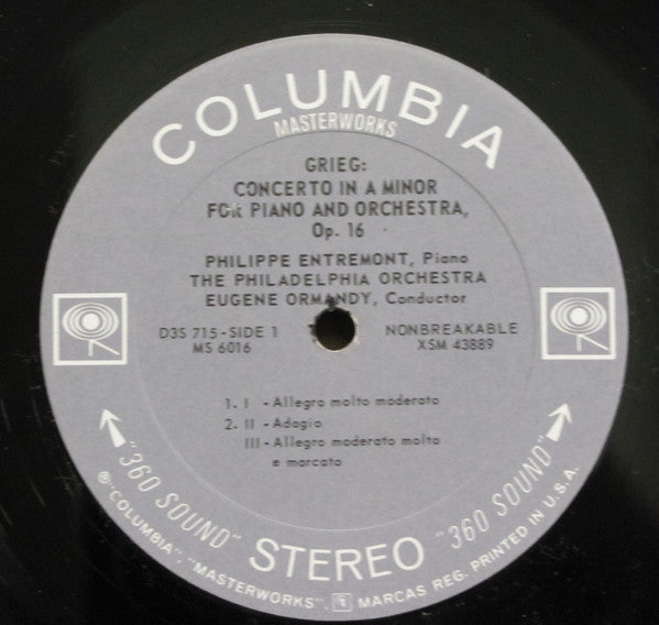 Edvard Grieg, Sergei Vasilyevich Rachmaninoff - Philippe Entremont, The Philadelphia Orchestra, Eugene Ormandy : Concerto In A Minor For Piano And Orchestra, Op. 16 / Rhapsody On A Theme Of Paganini, Op. 43 (LP, Pit)