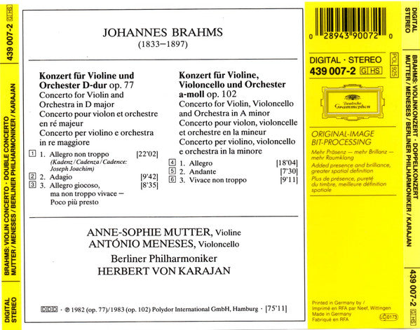 Johannes Brahms, Anne-Sophie Mutter, Antonio Meneses, Berliner Philharmoniker, Herbert von Karajan : Violinkonzert = Violin Concerto • Doppelkonzert = Double Concerto (CD, Comp, RE, RM, PMD)