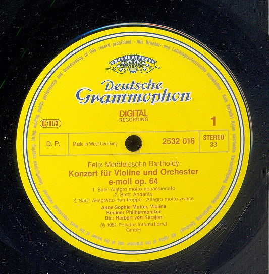 Felix Mendelssohn-Bartholdy · Max Bruch, Anne-Sophie Mutter, Berliner Philharmoniker · Herbert von Karajan : Violinkonzerte = Violin Concertos (LP)