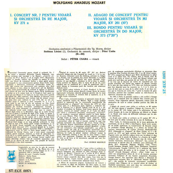 Wolfgang Amadeus Mozart - Péter Csaba : Concert Nr. 7 În Re Major, K. V. 271 A / Adagio În Mi Major, K. V. 261 / Rondo În Do Major, K. V. 373 Pentru Vioară Și Orchestră (LP, Whi)