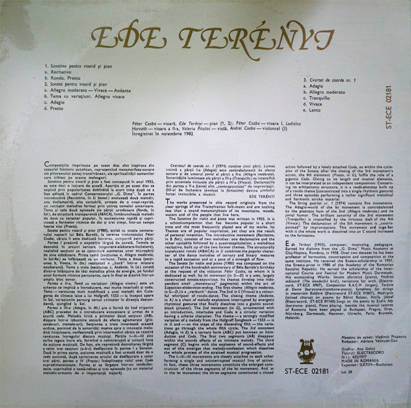 Ede Terényi : Sonatina Și Sonata Pentru Vioară Și Pian / Cvartetul De Coarde Nr.1 (Sonatina And Sonata For Violin And Piano / String Quartet No.1) (LP)