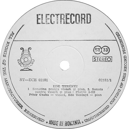 Ede Terényi : Sonatina Și Sonata Pentru Vioară Și Pian / Cvartetul De Coarde Nr.1 (Sonatina And Sonata For Violin And Piano / String Quartet No.1) (LP)