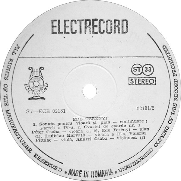 Ede Terényi : Sonatina Și Sonata Pentru Vioară Și Pian / Cvartetul De Coarde Nr.1 (Sonatina And Sonata For Violin And Piano / String Quartet No.1) (LP)