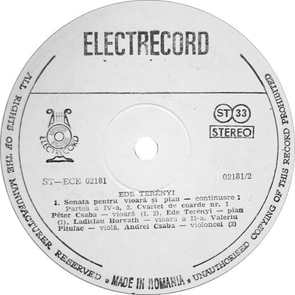 Ede Terényi : Sonatina Și Sonata Pentru Vioară Și Pian / Cvartetul De Coarde Nr.1 (Sonatina And Sonata For Violin And Piano / String Quartet No.1) (LP)