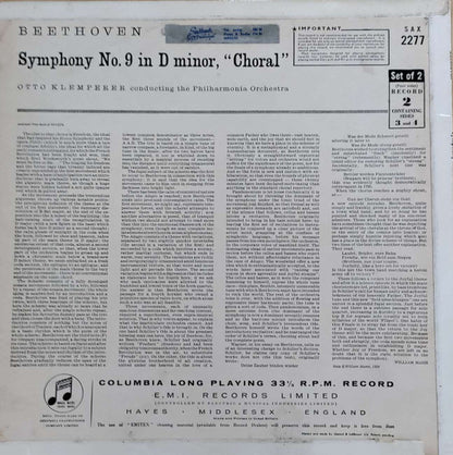 Otto Klemperer, Ludwig Van Beethoven, Philharmonia Orchestra : Symphony No. 9 "Choral" (LP)