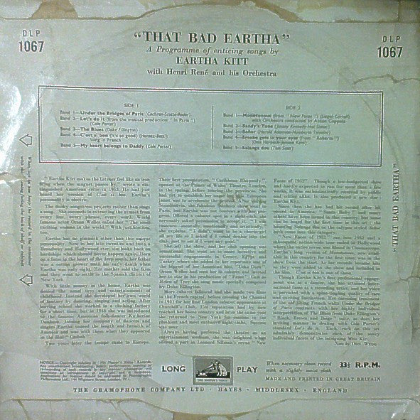 Eartha Kitt With Henri René And His Orchestra : That Bad Eartha (10", Album, Mono)